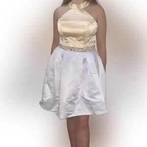 White and Creamy Gold cocktail dress with rhinestone belt